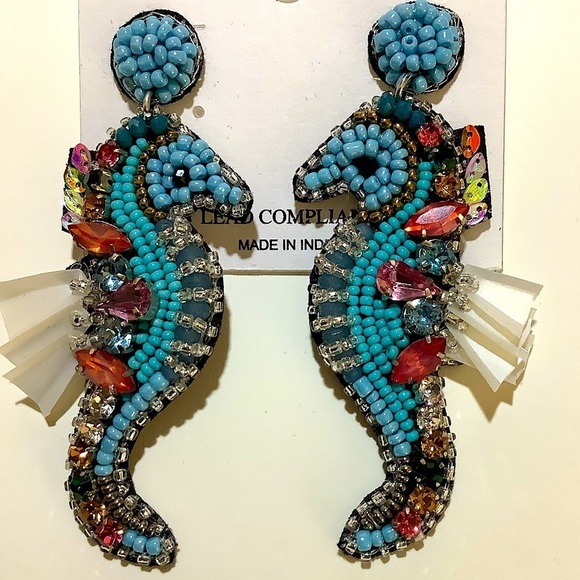 Natasha Seahorse Beaded Statement Earrings New - Picture 2 of 3